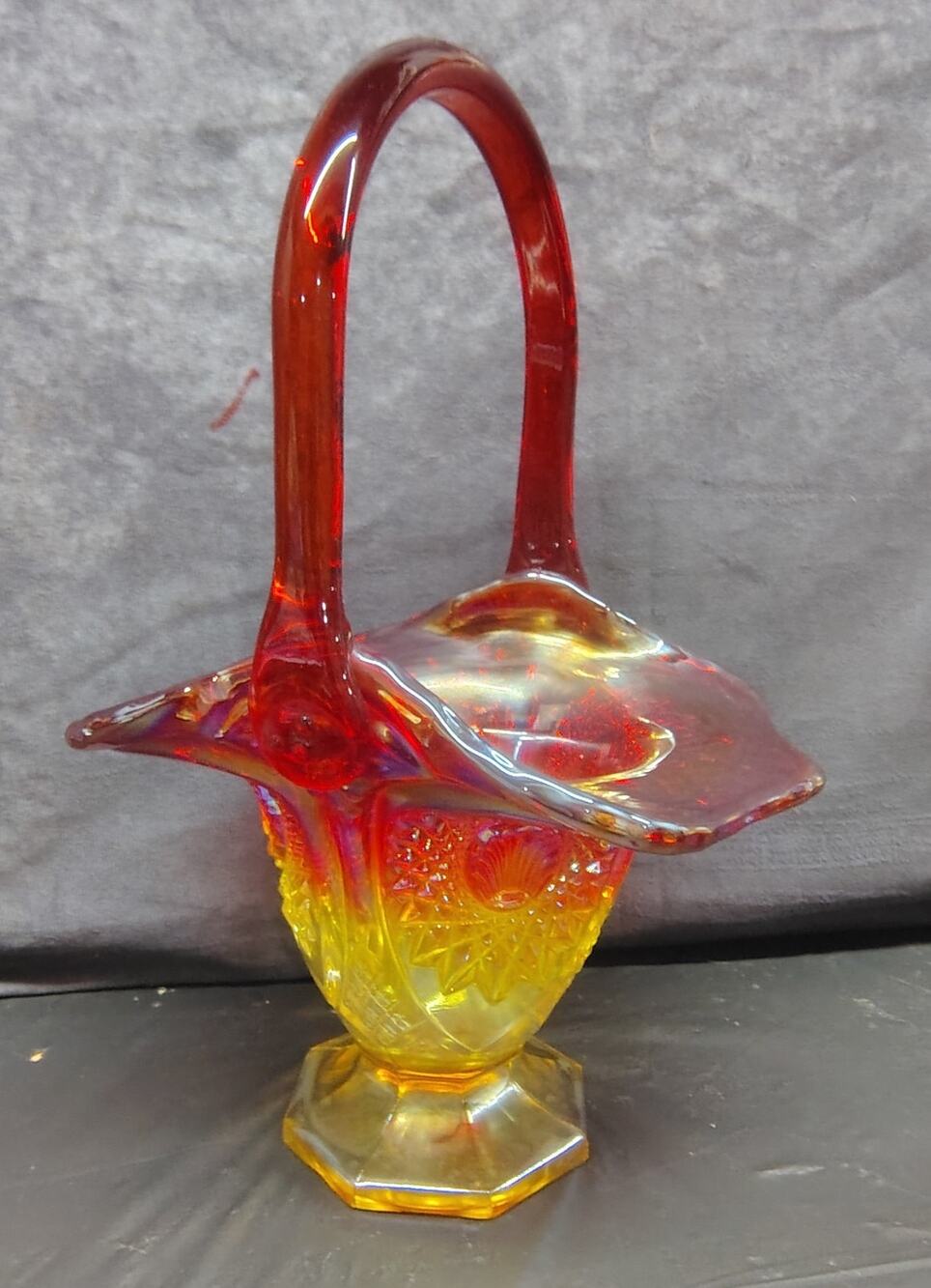 INDIANA Glass Amberina Bride's Basket Sunburst Gorgeous Color - UV REACTIVE